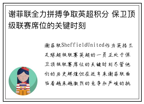 谢菲联全力拼搏争取英超积分 保卫顶级联赛席位的关键时刻