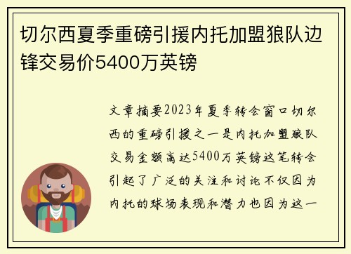 切尔西夏季重磅引援内托加盟狼队边锋交易价5400万英镑 切尔西夏季重磅引援内托加盟狼队边锋交易价5400万英镑